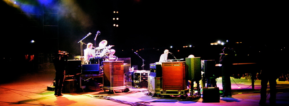 Backstage view during live performance stage monitors and crew